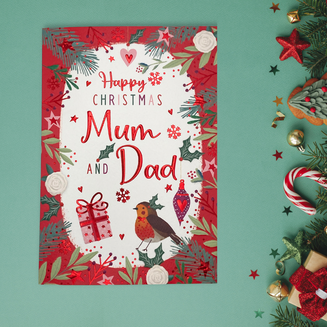 Mum & Dad Christmas Card - Pavillion Robin & Floral Border