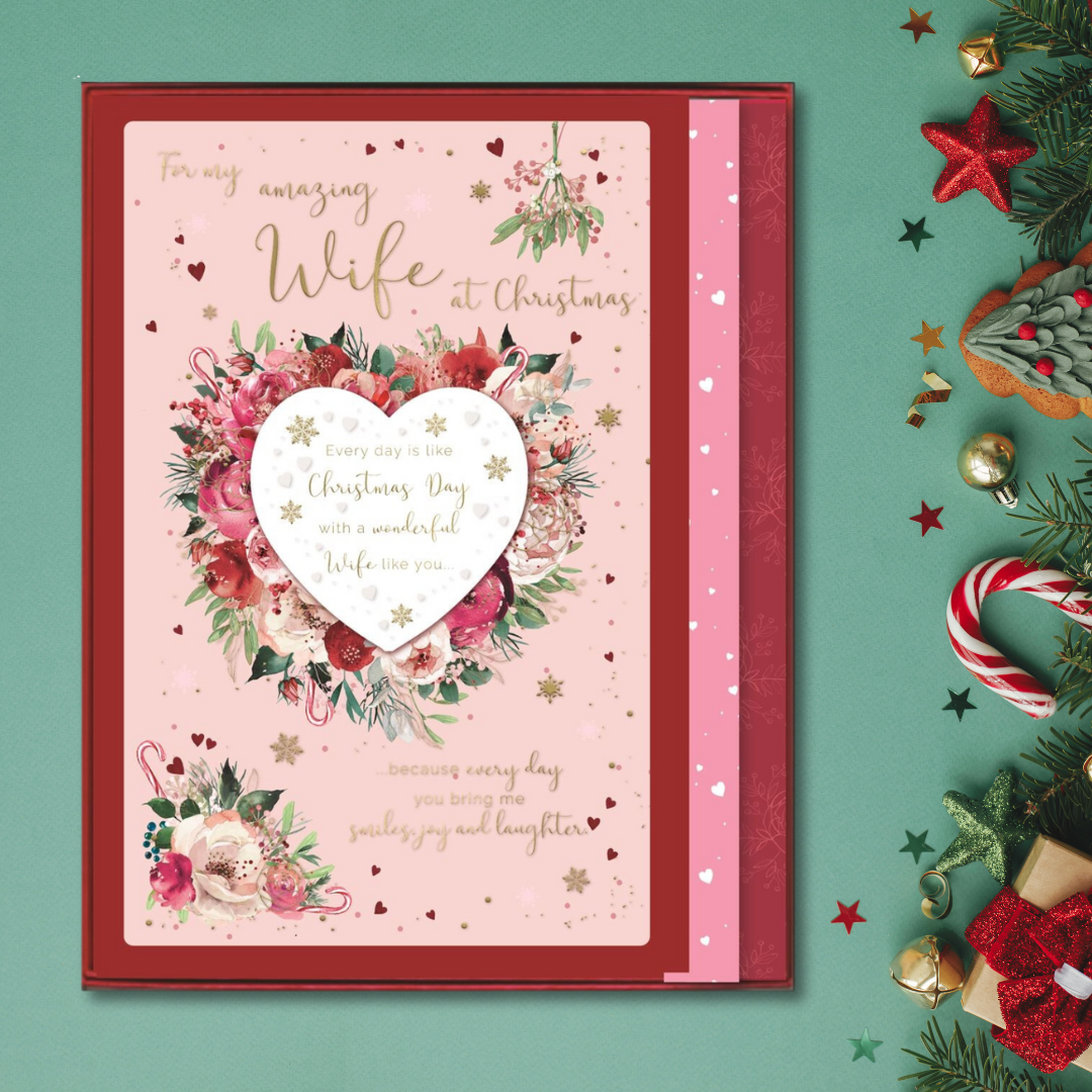 Wife Boxed Christmas Card - Floral Heart & Mistletoe