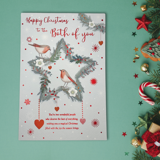 Both Of You Christmas Card - Sparkled Robin Star Wreath