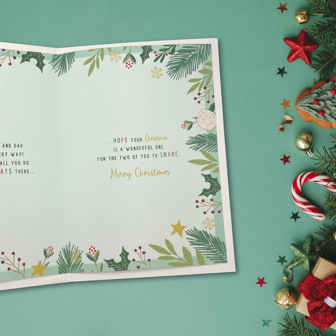 Mum & Dad Christmas Card - Pavillion Robin & Floral Border