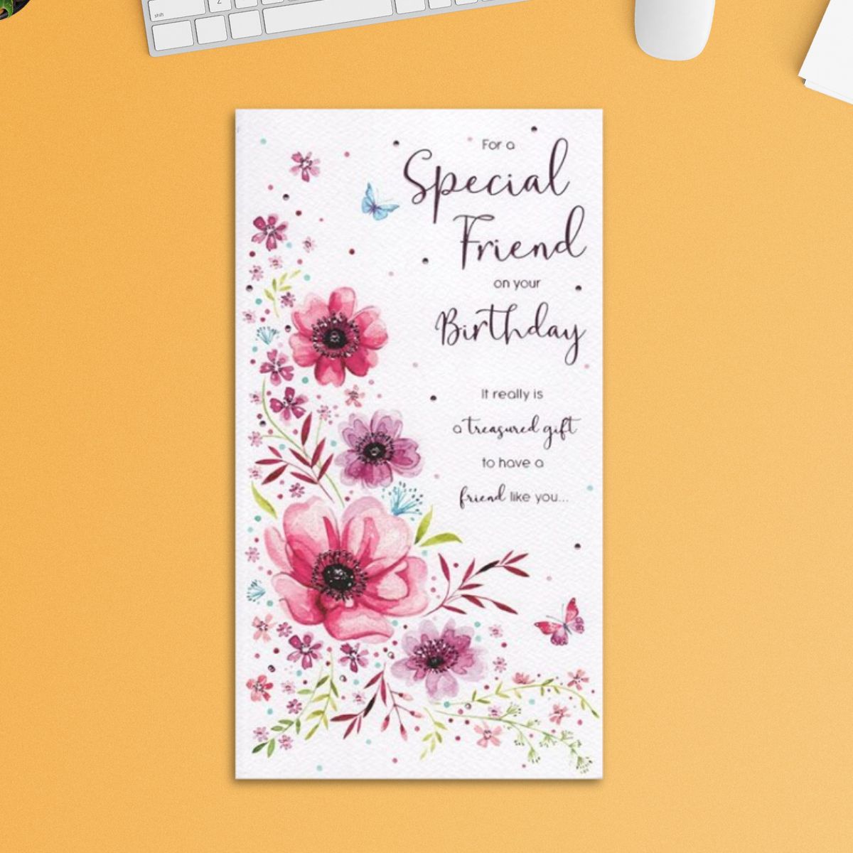 Friend Birthday Card - Pink & Purple Floral Border