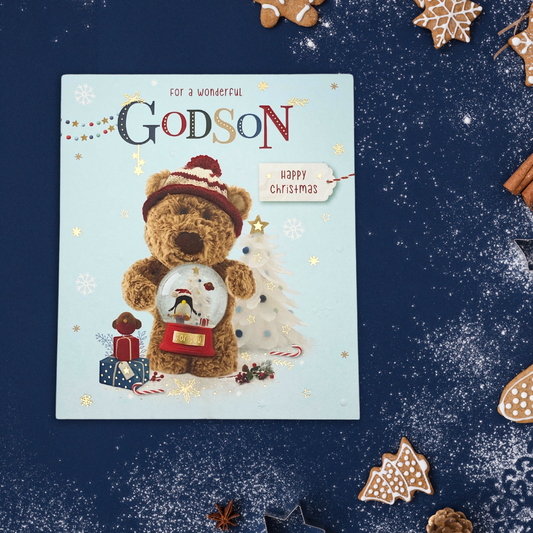 Godson Christmas Card - Barley Bear & Snowglobe