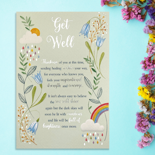 Front image showing floral border, pale green background and heartfelt verse