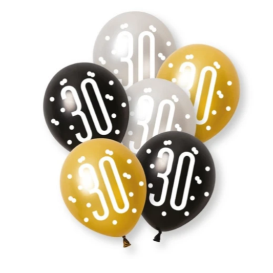 Unique Balloons - 6 x 12" Age 30 Black & Gold Glitz