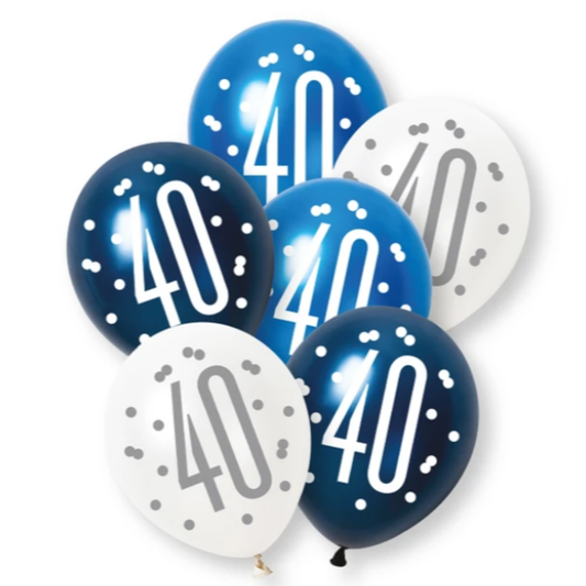 Unique Balloons - 6 x 12" Age 40 Blue & Silver Glitz