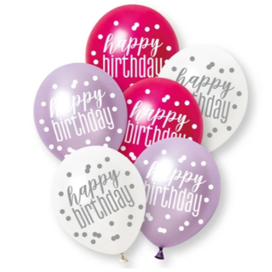 Unique Balloons - 6 x 12" Happy Birthday Pink & Purple Glitz