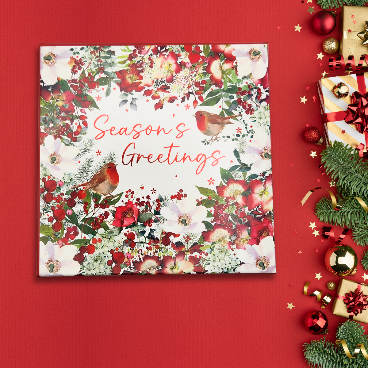 10 x Christmas Cards In Box - Festive Florals Season's Greetings