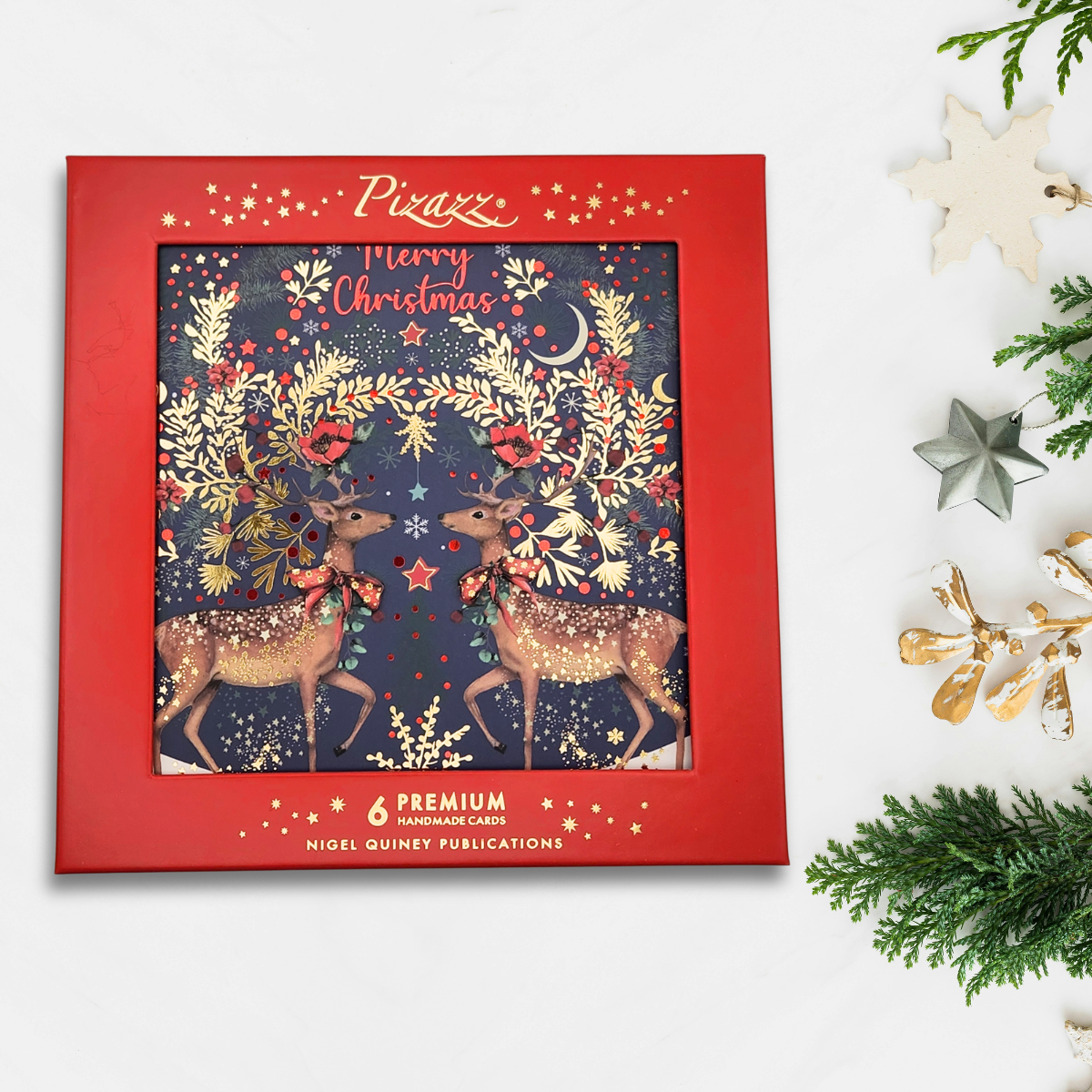 6 x Christmas Cards In Box - Pizazz Premium Handmade Deer