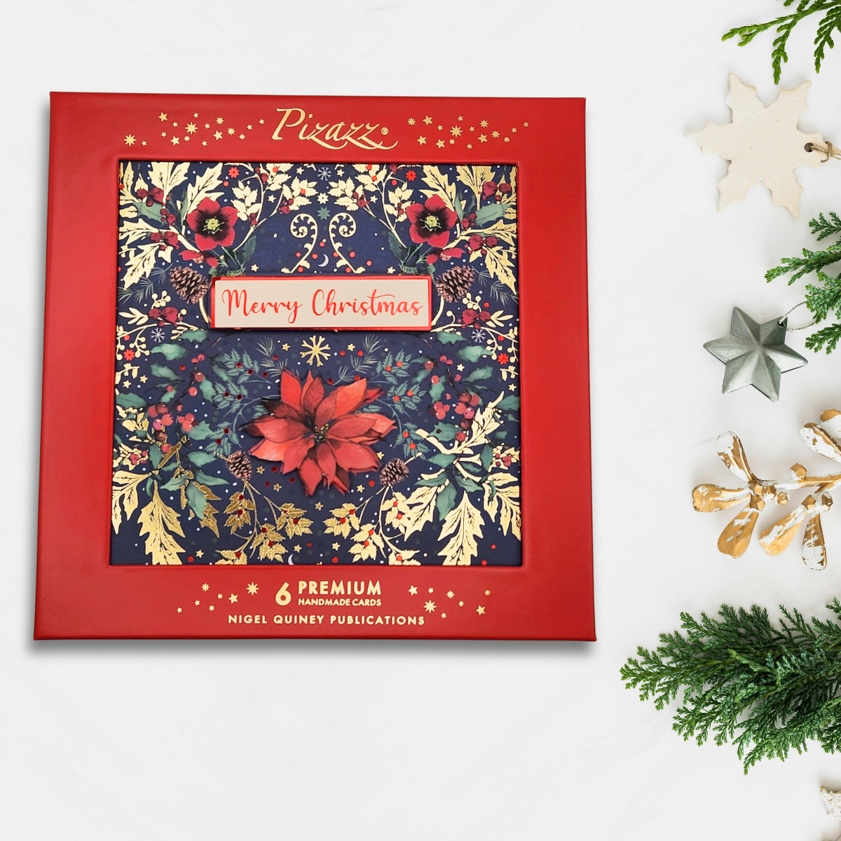 6 x Christmas Cards In Box - Pizazz Premium Handmade Poinsettia