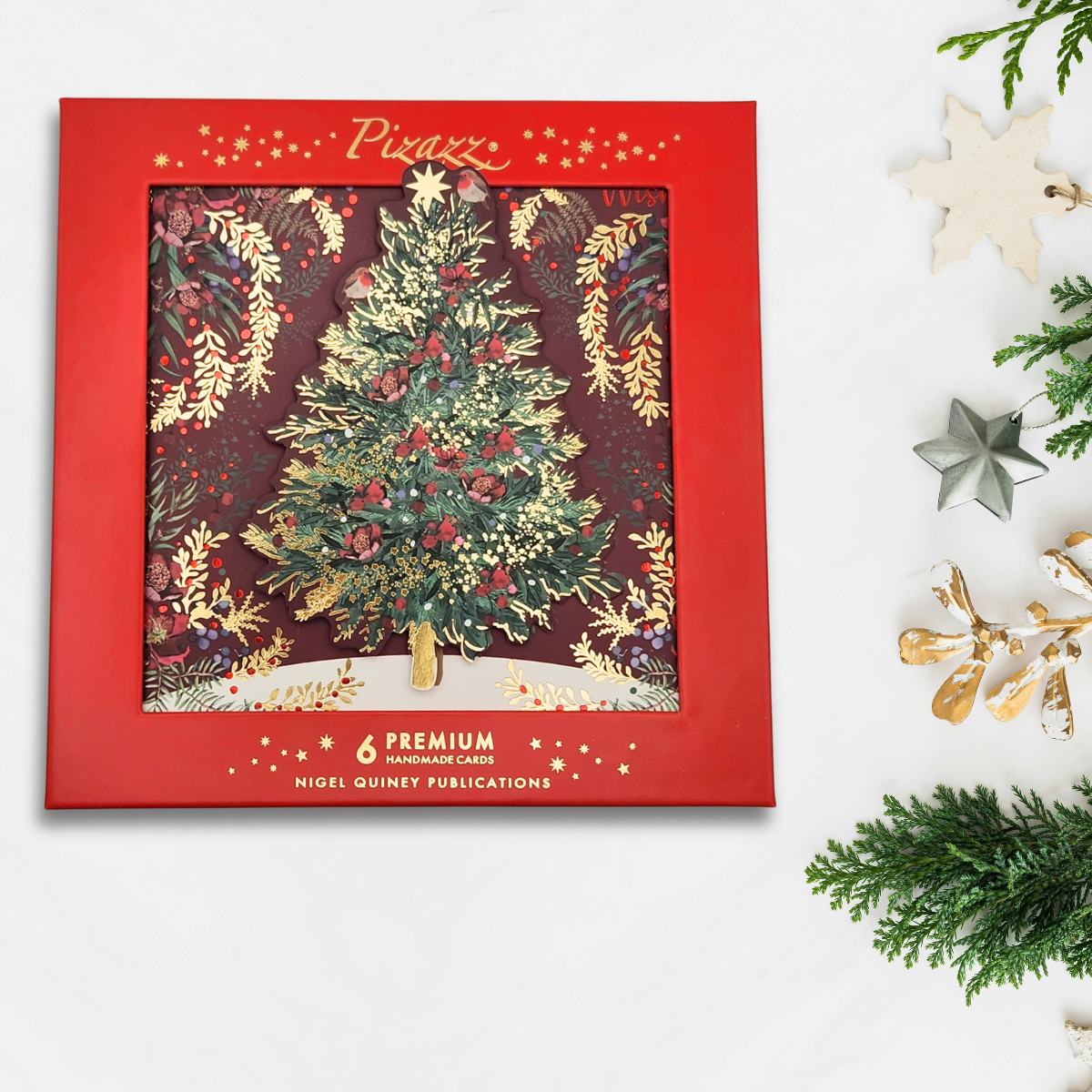 6 x Christmas Cards In Box - Pizazz Christmas Tree & Robins
