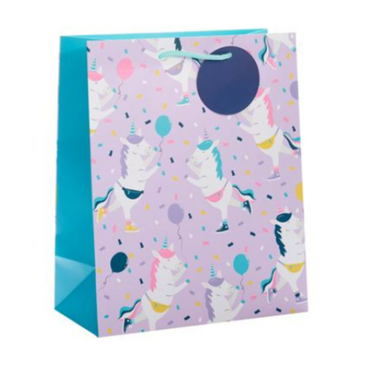 Lilac gift bag with pastel unicorns and balloons