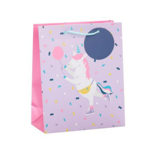 Pink bag with unicorn, balloon and confetti