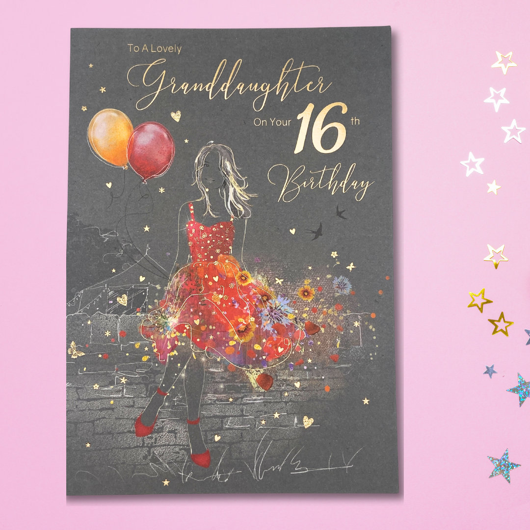 Granddaughter 16th Birthday Card - Grace Large Floral Dress