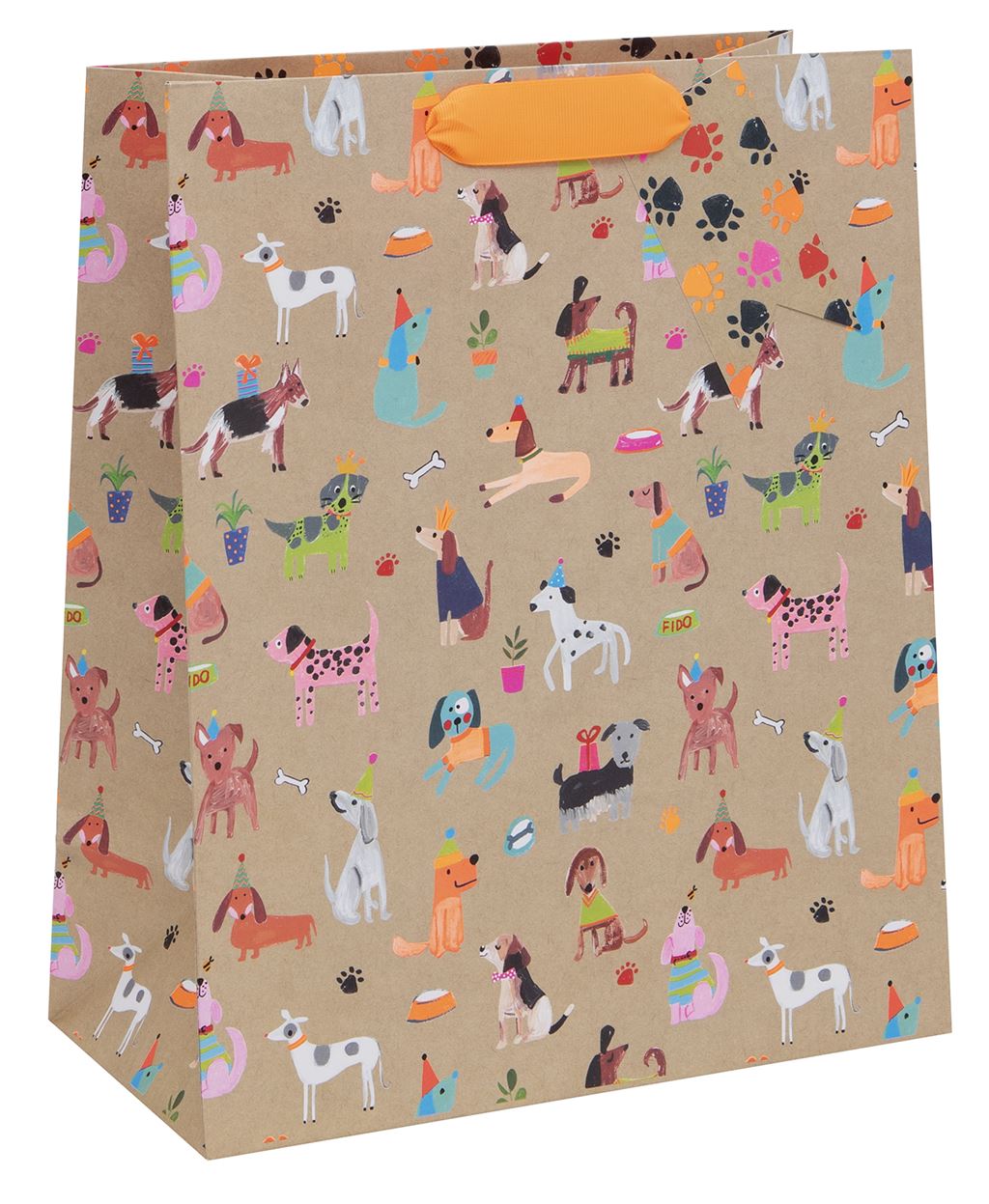 Kraft Gift Bag with Neon Dog Cartoons in party hats with orange ribbon handles