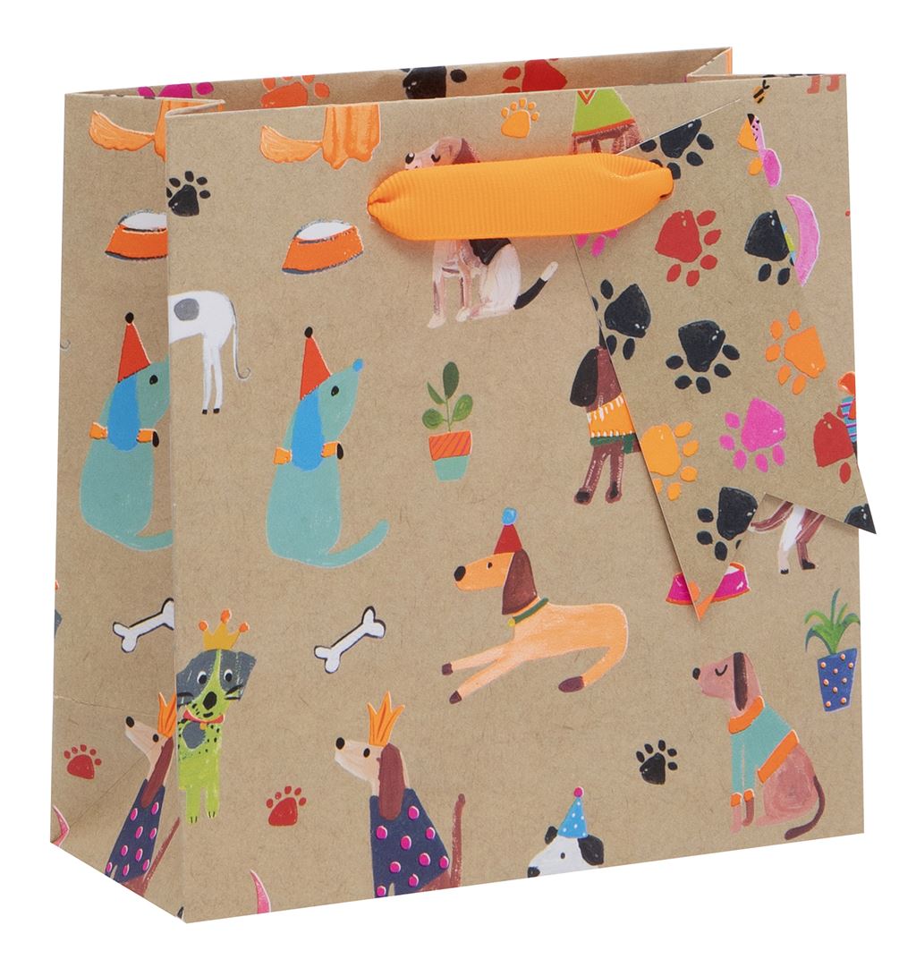 Kraft bag with neon dogs and orange ribbon handle