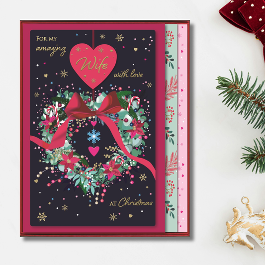 Wife Boxed Christmas Card - Floral Heart Wreath