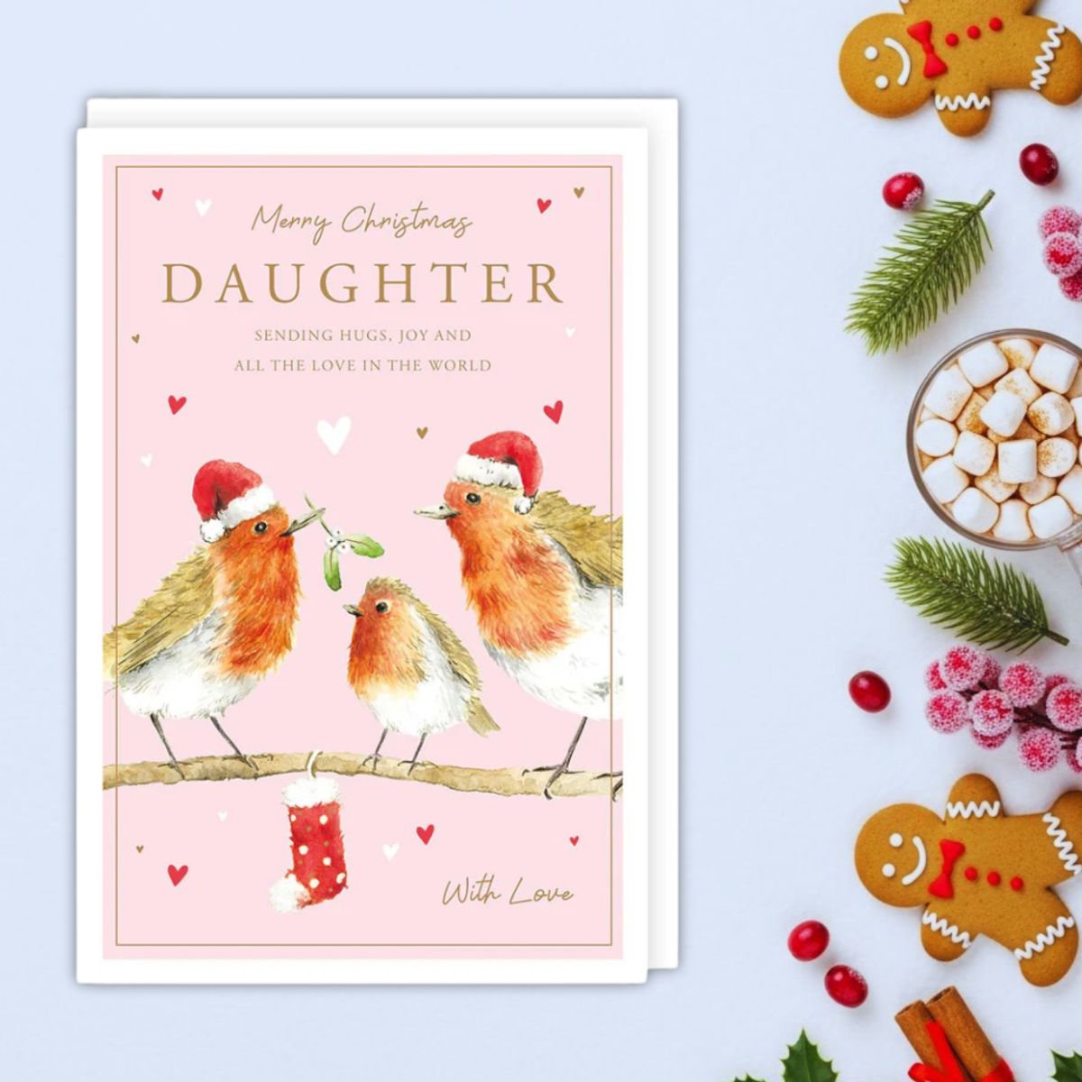 Daughter Christmas Card - Robins & Mistletoe