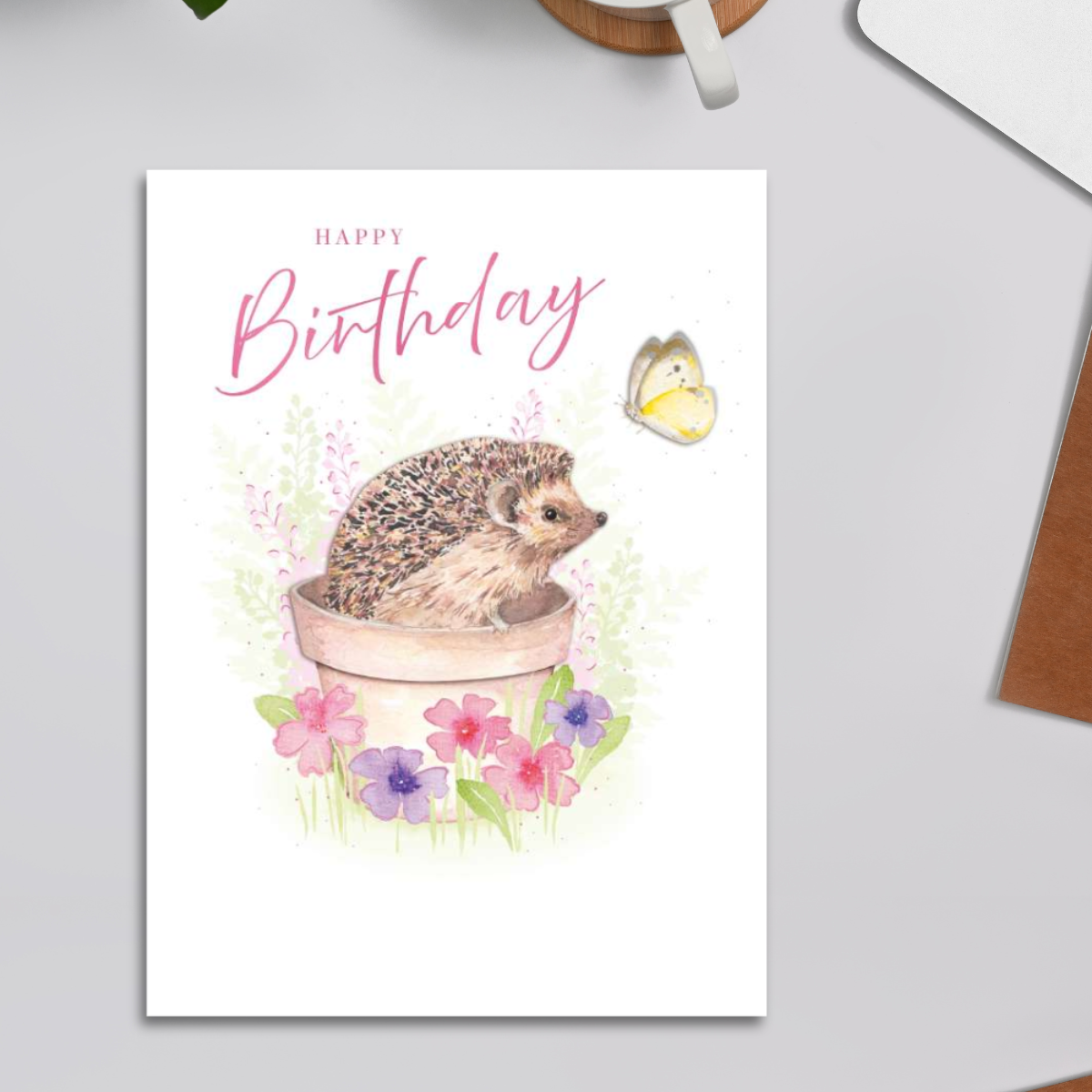 Decoupage Birthday Card - Hedgehog & Plant Pot