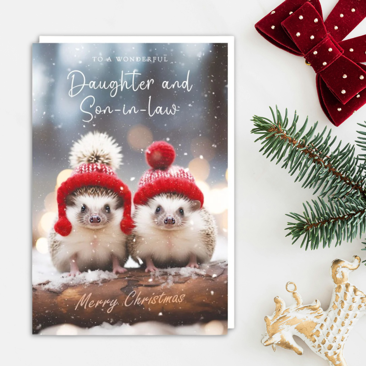 Daughter & Son-In-Law Christmas Card - Cute Hedgehogs In Hats