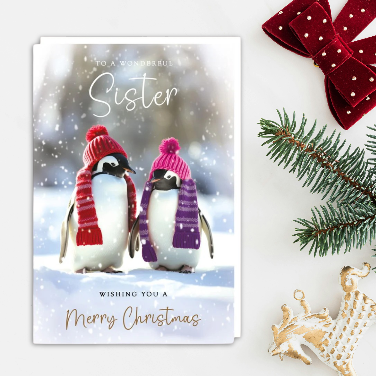 Sister Christmas Card - Penguins In Hats & Scarves