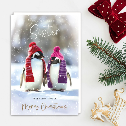 Sister Christmas Card - Penguins In Hats & Scarves