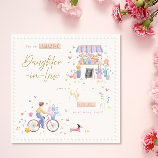 Daughter-In-Law Birthday Card - Floral Bike & Sausage Dog