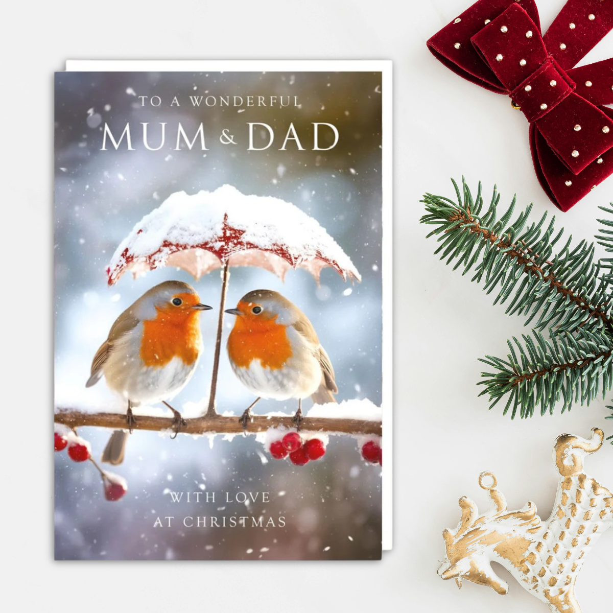 Mum & Dad Christmas Card - Robins & Snowy Umbrella