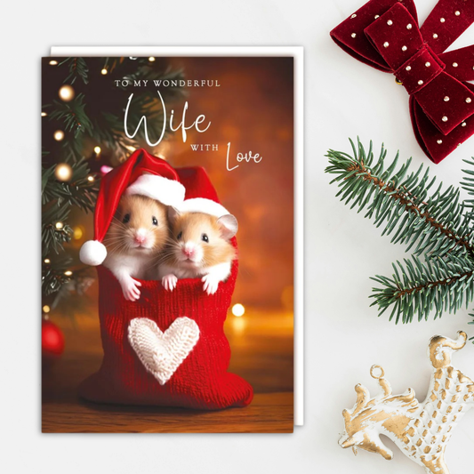 Wife Christmas Card - Hamsters In Christmas Sack