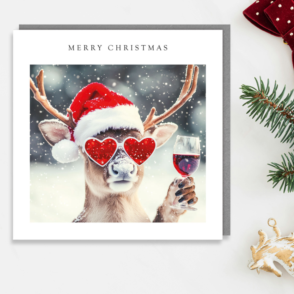 Open Christmas Card - Reindeer & Wine