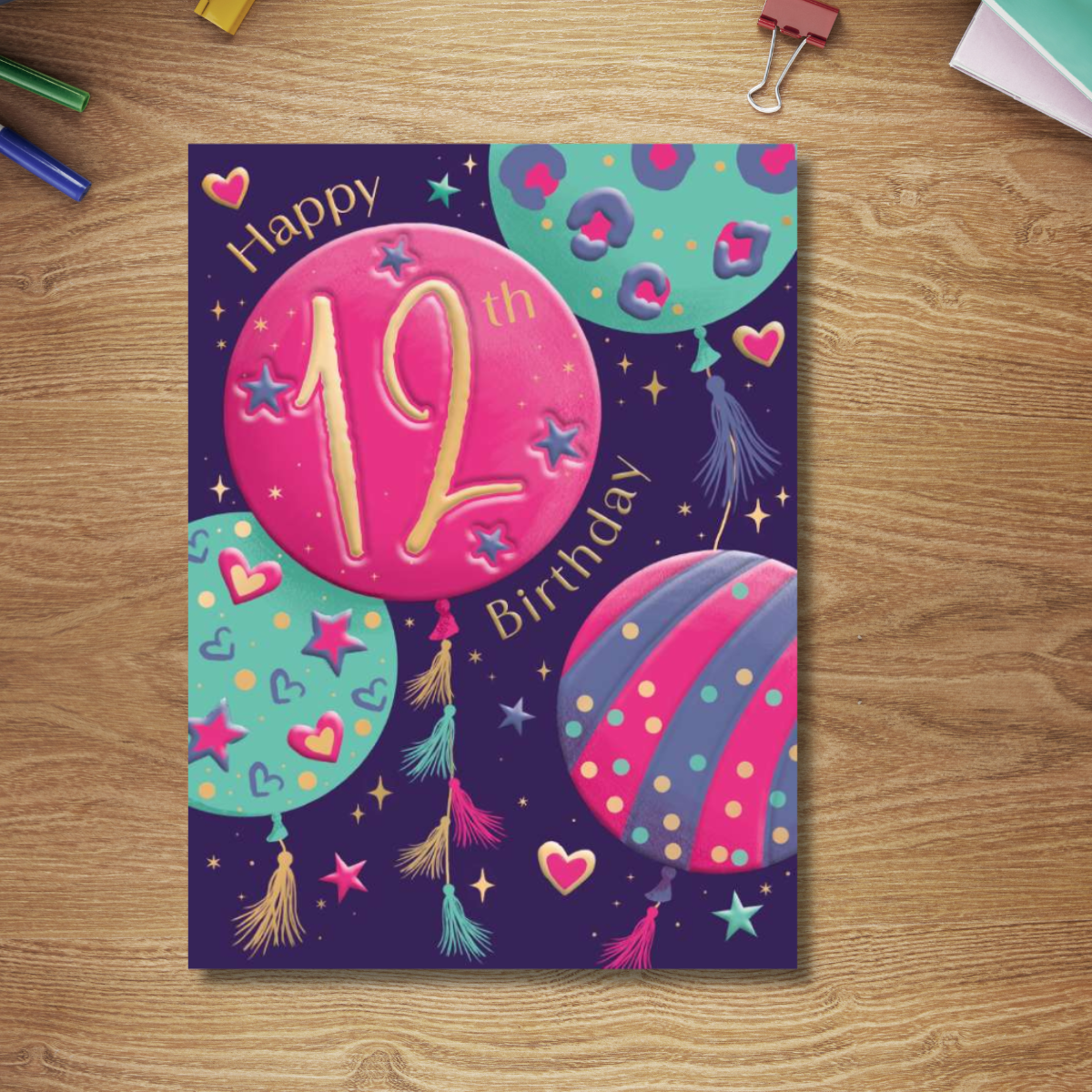 12th Birthday Card - All The Rage Pink Balloons