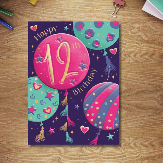 12th Birthday Card - All The Rage Pink Balloons