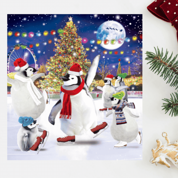 Open Christmas Card - 3D Lenticular Skating Penguins