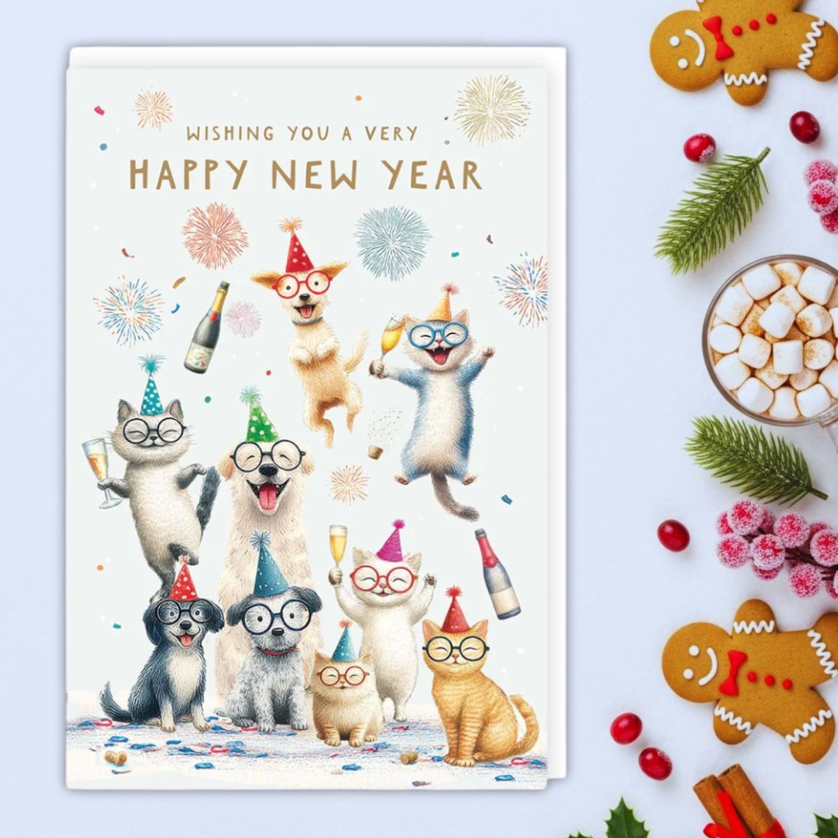 Happy New Year Card - Party Cats & Dogs