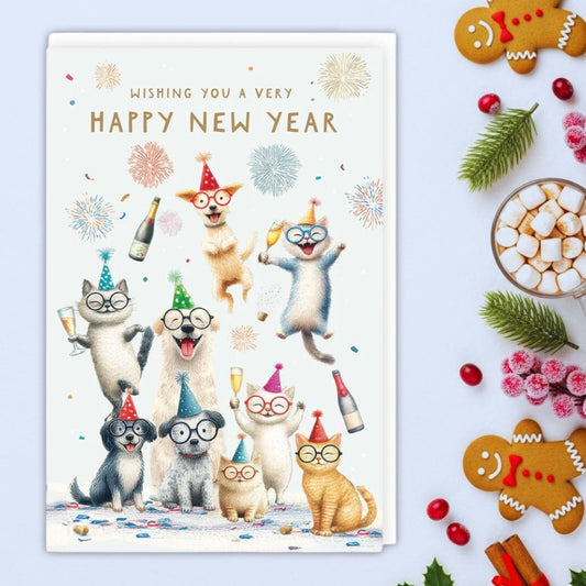Happy New Year Card - Party Cats & Dogs