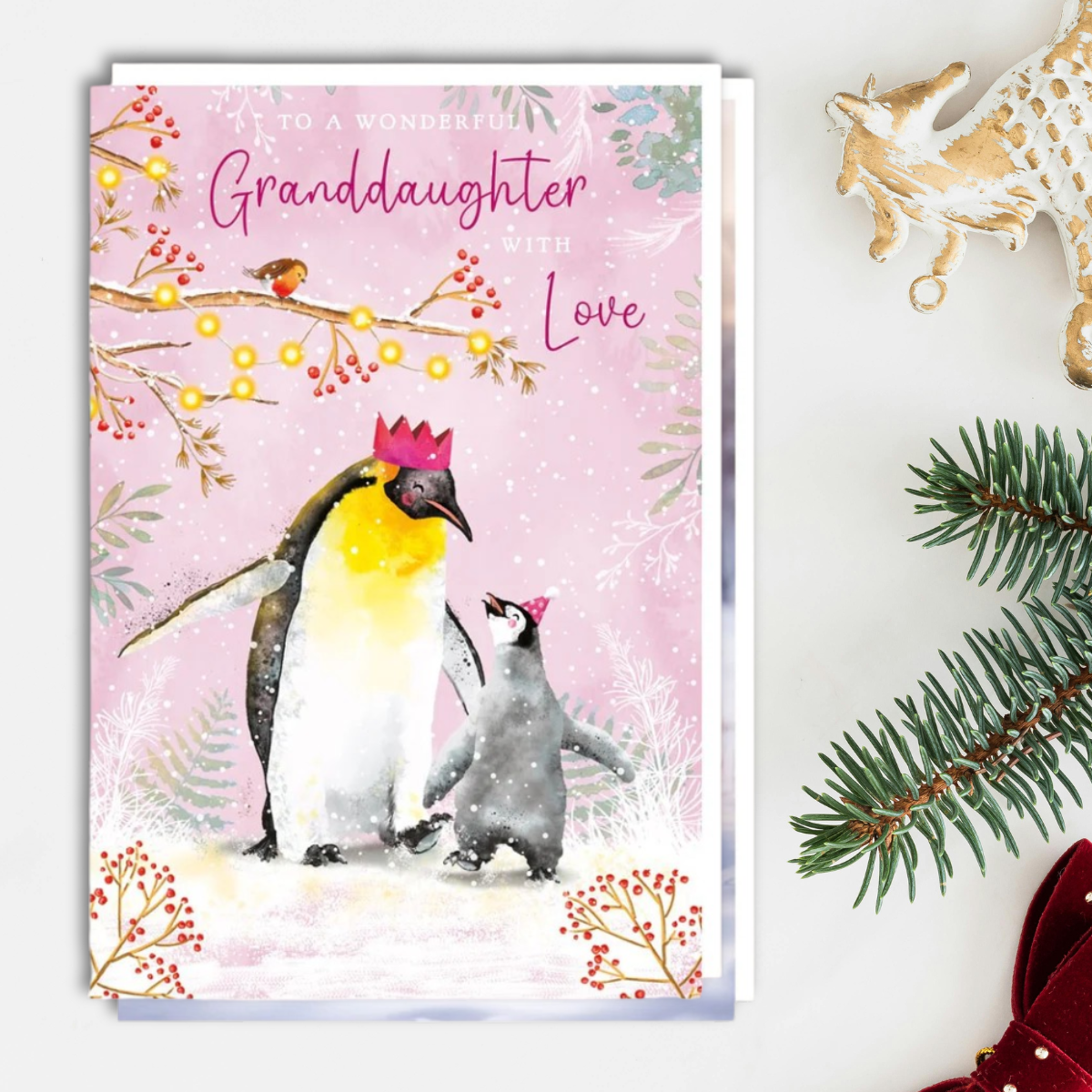 Granddaughter Christmas Card - Penguins In Party Hats