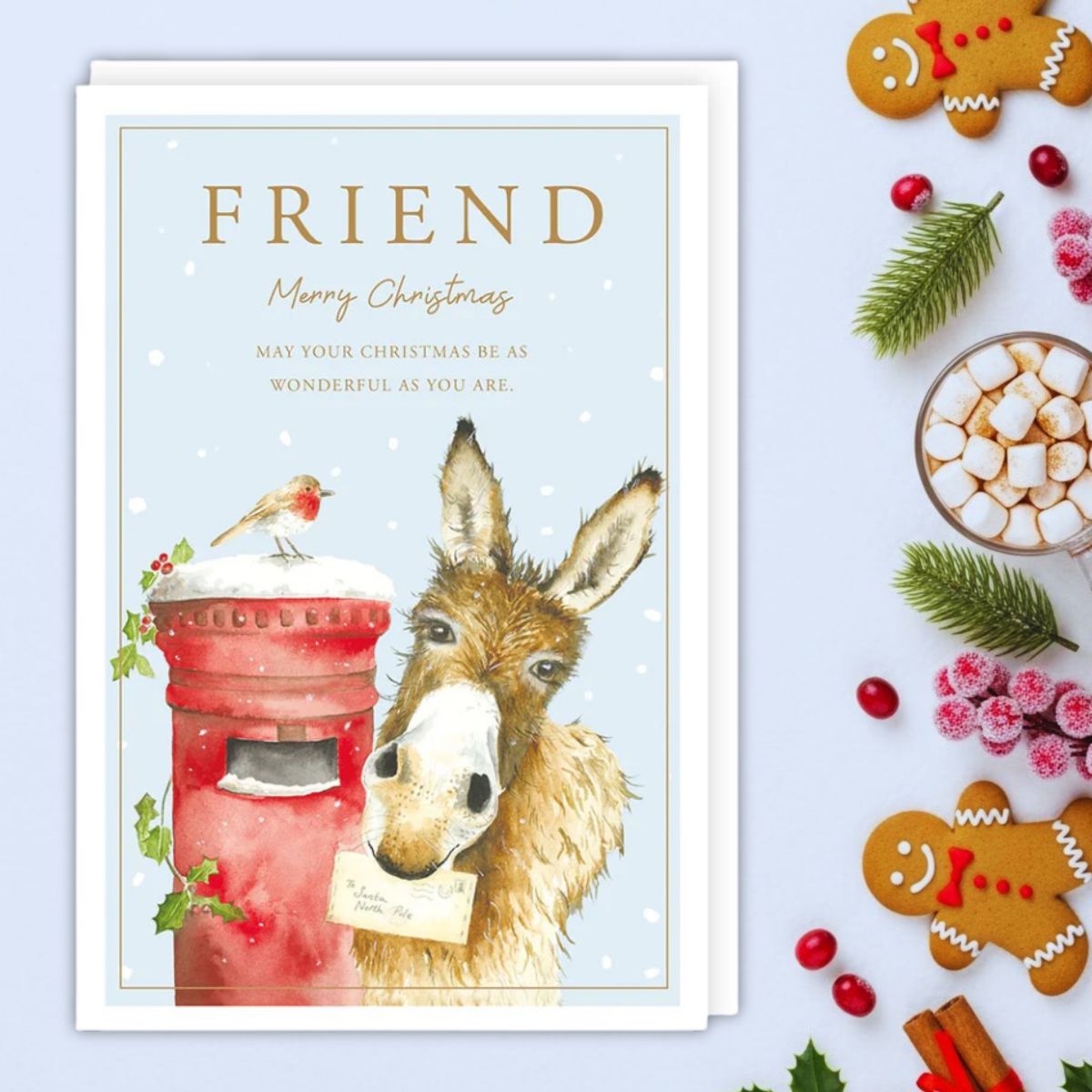 Friend Christmas Card - Donkey, Robin & Postbox