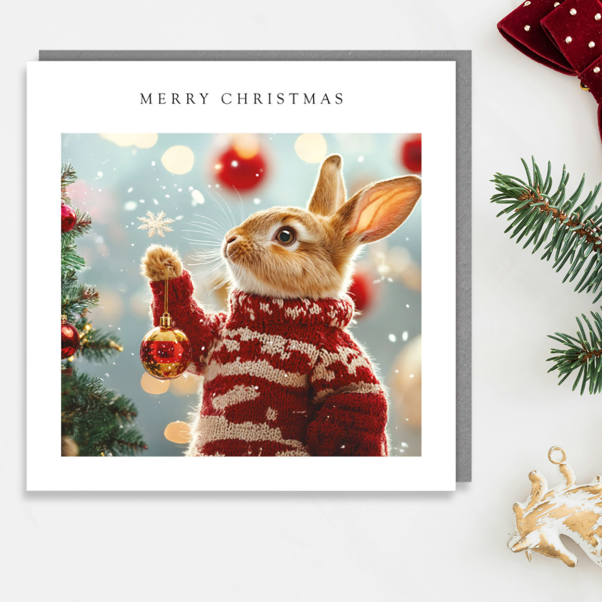 Open Christmas Card - Bunny & Bauble
