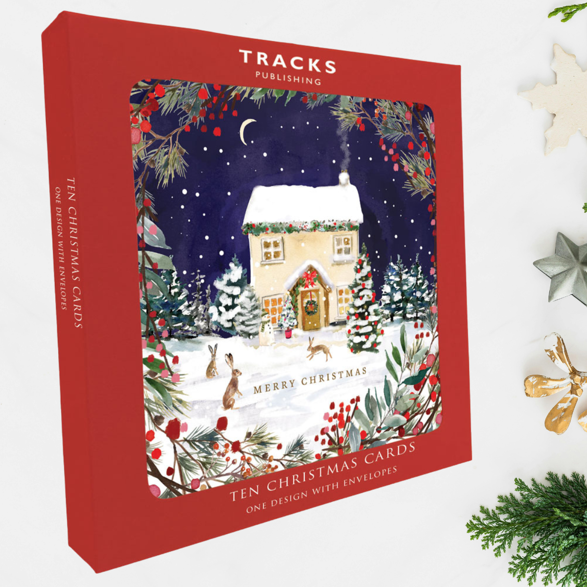 10 x Christmas Cards In Box - Snowy House & Rabbits