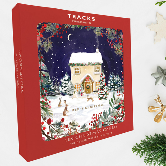10 x Christmas Cards In Box - Snowy House & Rabbits