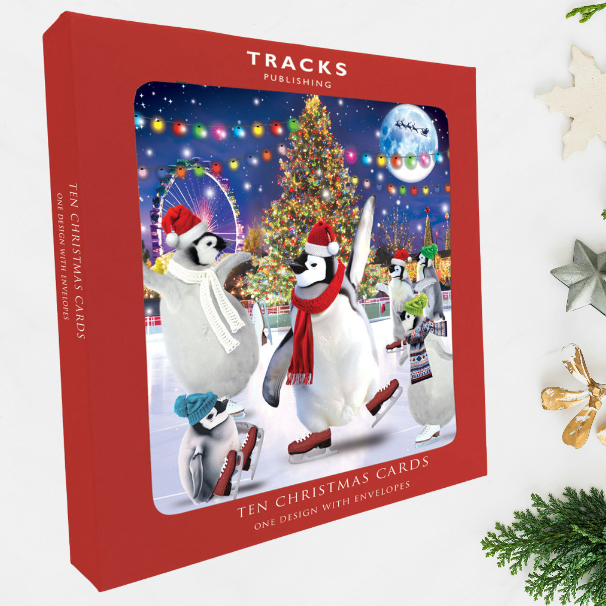 10 x Christmas Cards In Box - Skating Penguins