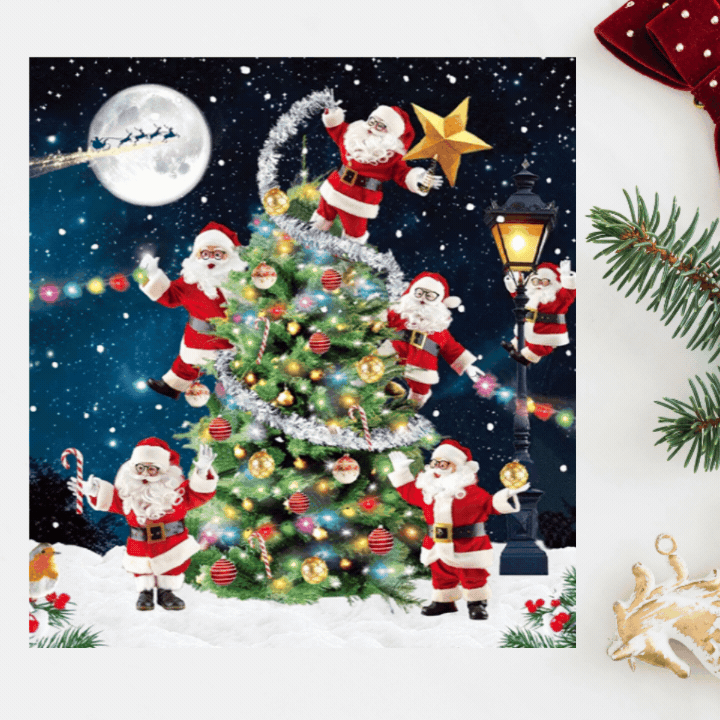 Open Christmas Card - 3D Lenticular Santa's Decorating Tree
