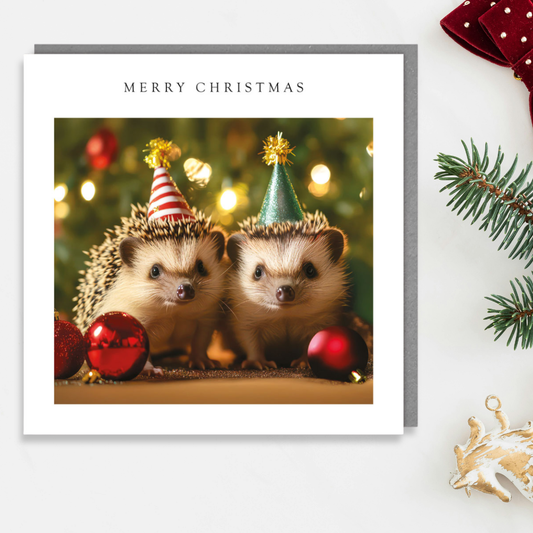 Open Christmas Card - Festive Hedgehogs