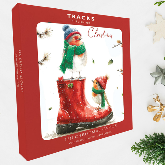 10 x Christmas Cards In Box - Winter Boot & Robins