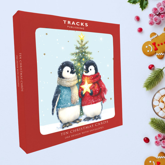10 x Christmas Cards In Box - Snowy Penguins