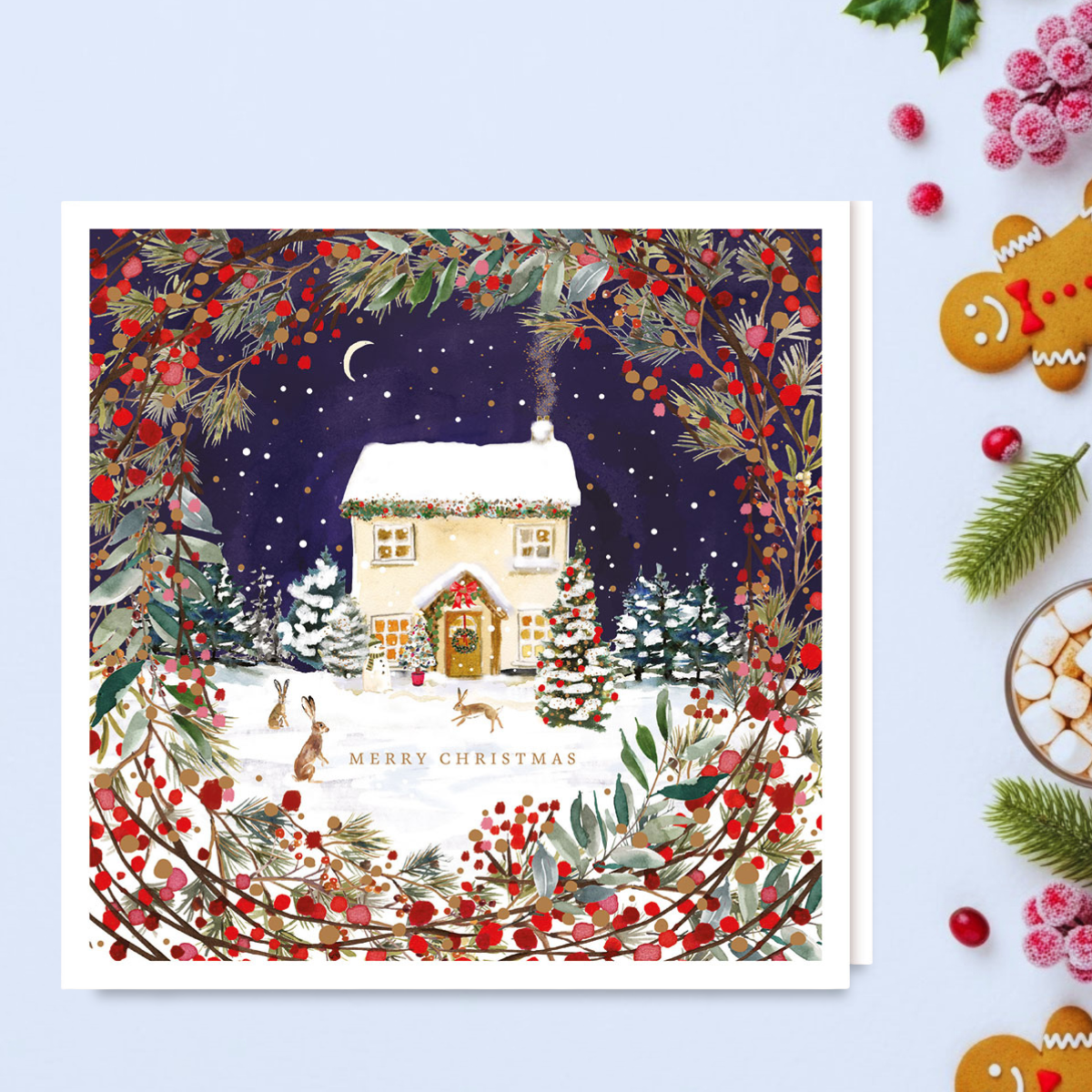 Charity Christmas Cards - 5 x Snowy House & Rabbits