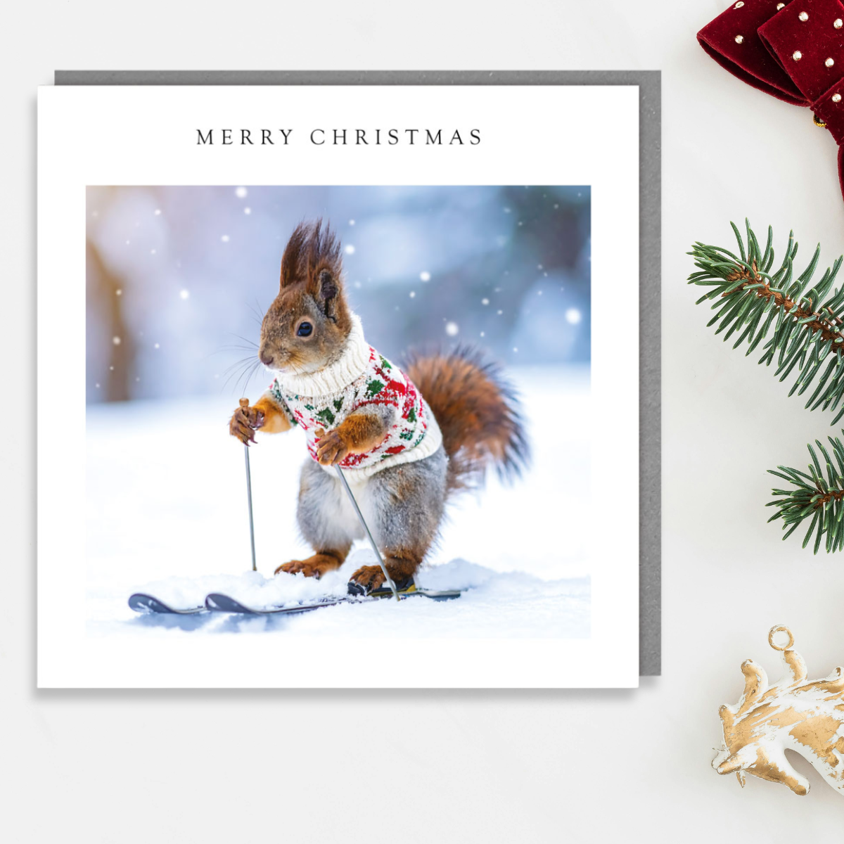 Open Christmas Card - Skiing Squirrel