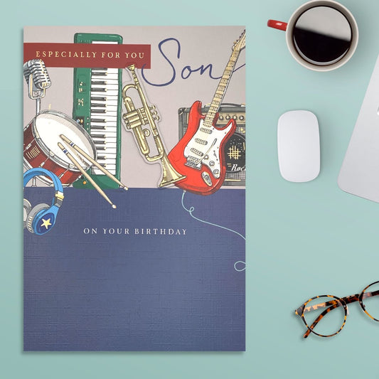 Son Musical Instruments Birthday Card Displayed In Full