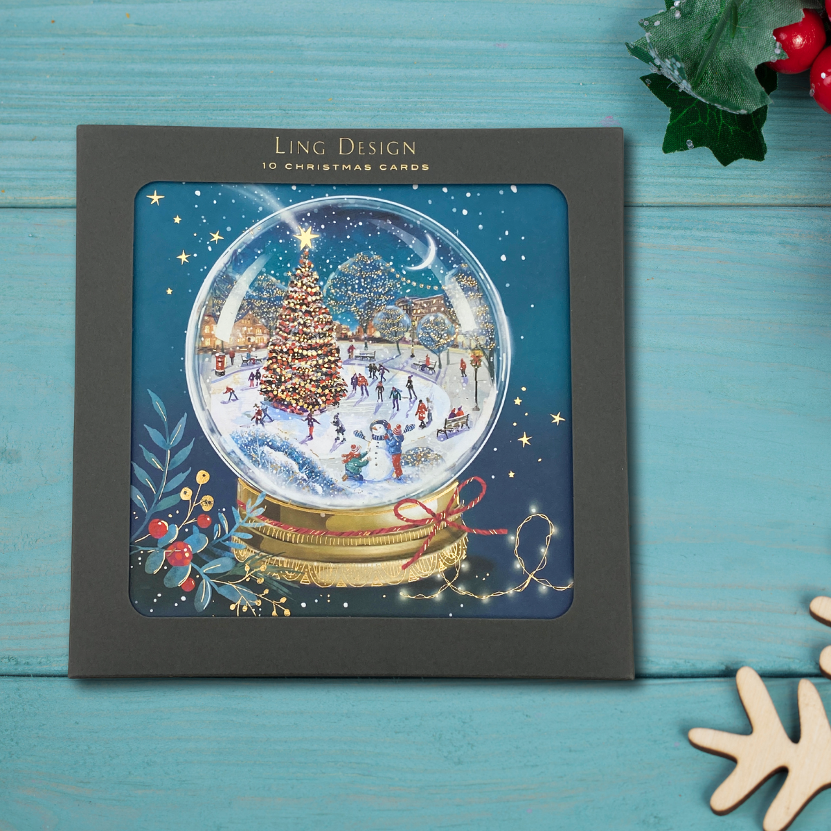 10 x Christmas Cards In Box - Ling Design Snowglobe Skating Scene