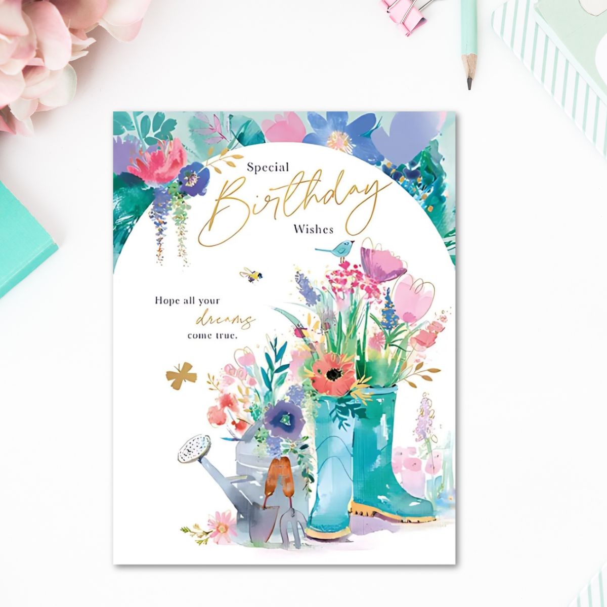 Meadowsweet Birthday Card - Floral Wellies