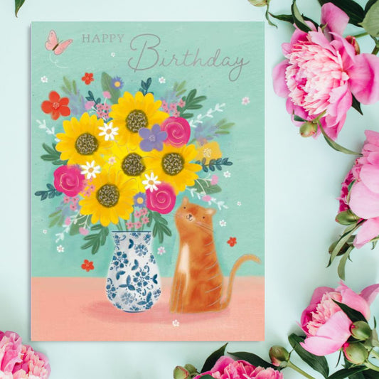 Decoupage Birthday Card - Cat & Flowers